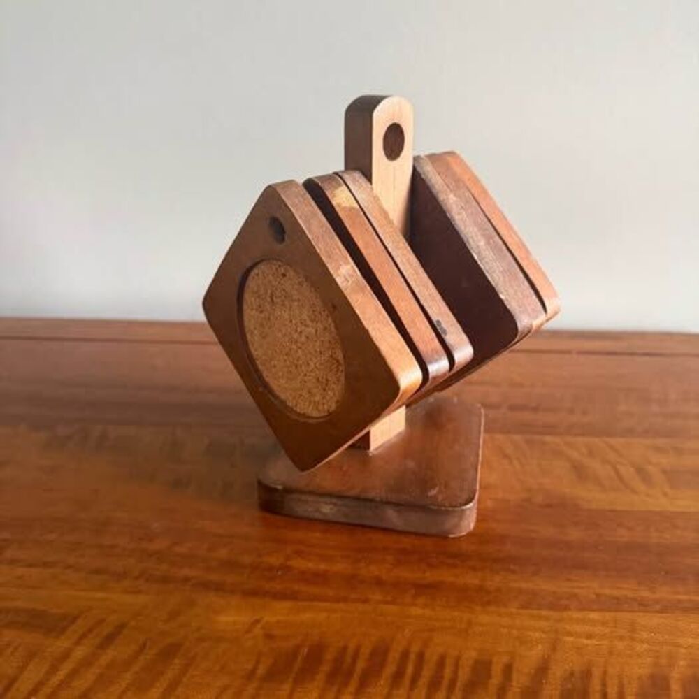 Vintage Wooden Coaster Set with Stand